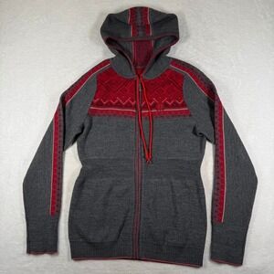 Womens Merino Wool Nordic Fair Isle Hooded Full Zip Sweater Gray Red S